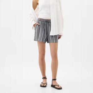 4" Mid Rise Easy Pull-On Linen-Blend Shorts- Blue Stripe